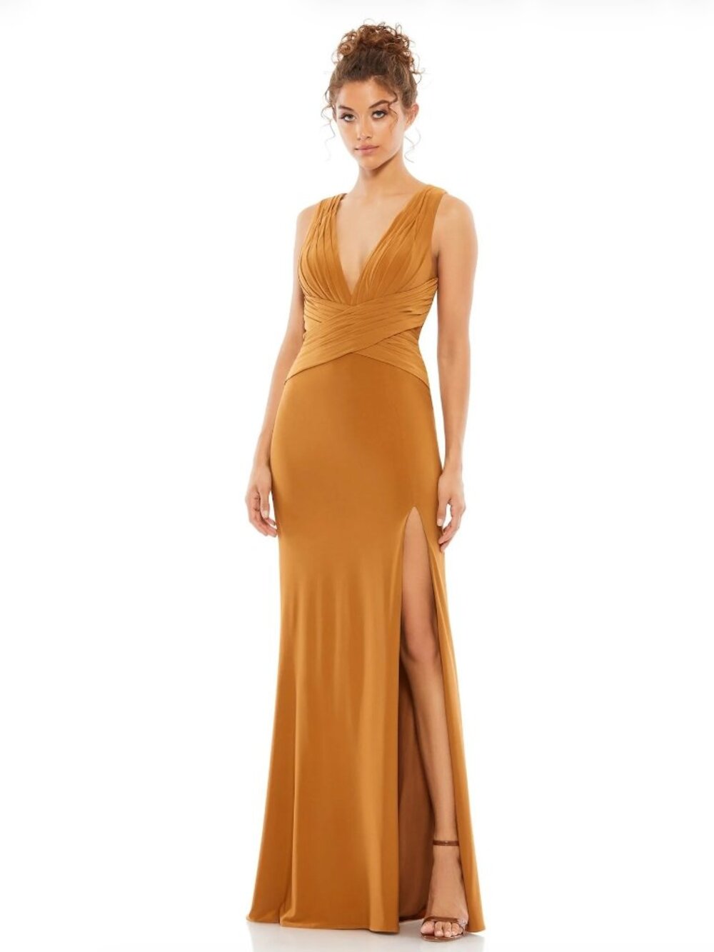 Mac Duggal Criss Cross Waist Plunging Neck Gown in Carmel, Size 2